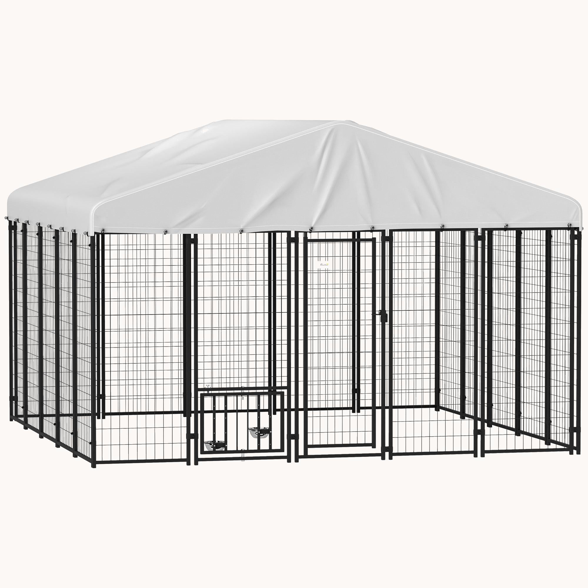 9.8'x9.8'x6.8' Heavy-Duty Welded Wire Dog Kennel with Adjustable Bowls & Waterproof Cover