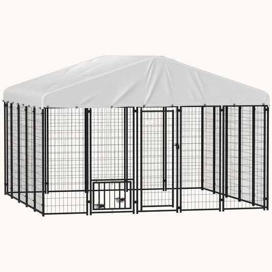 9.8'x9.8'x6.8' Heavy-Duty Welded Wire Dog Kennel with Adjustable Bowls & Waterproof Cover