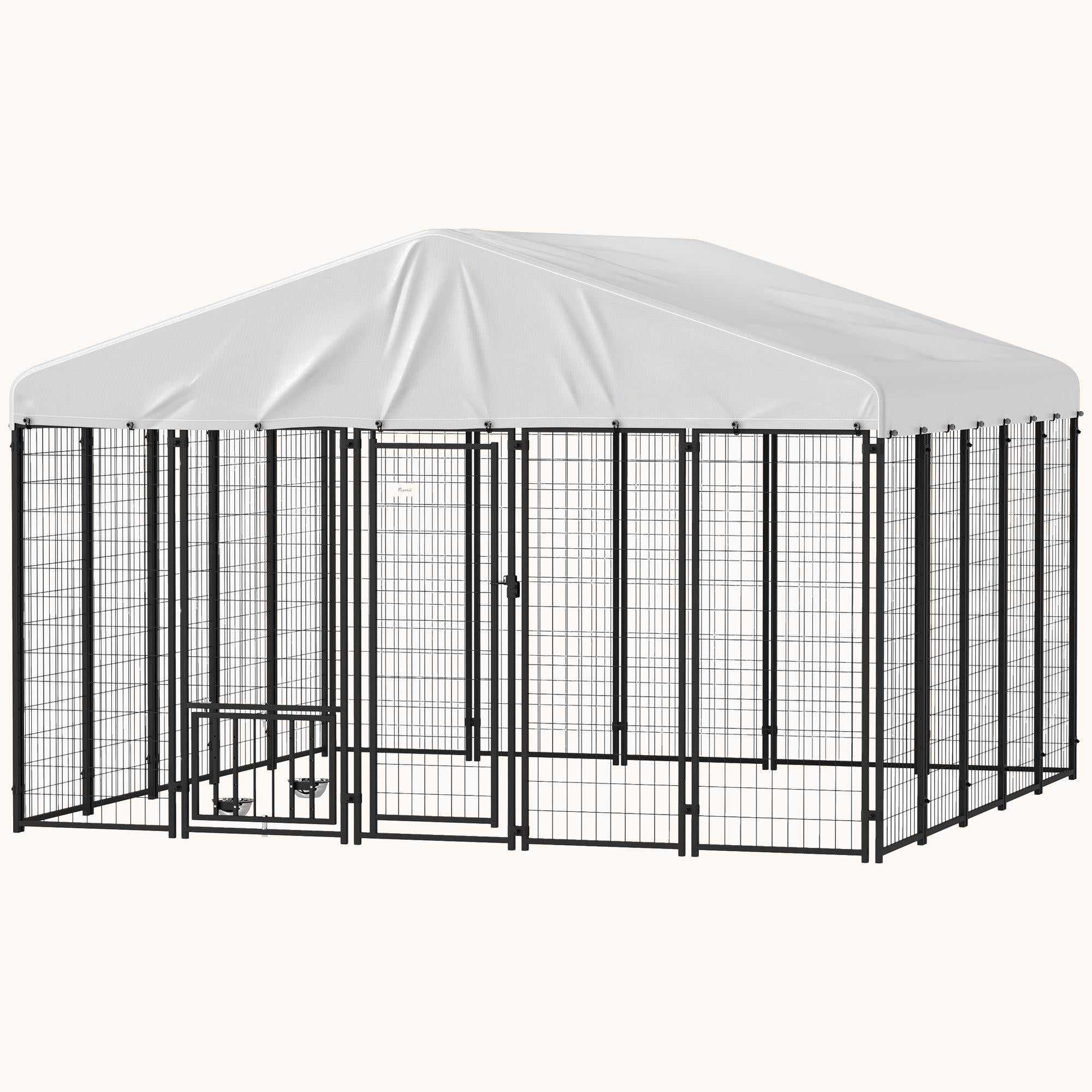 9.8'x9.8'x6.8' Heavy-Duty Welded Wire Dog Kennel with Adjustable Bowls & Waterproof Cover