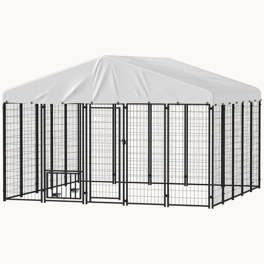 9.8'x9.8'x6.8' Heavy-Duty Welded Wire Dog Kennel with Adjustable Bowls & Waterproof Cover