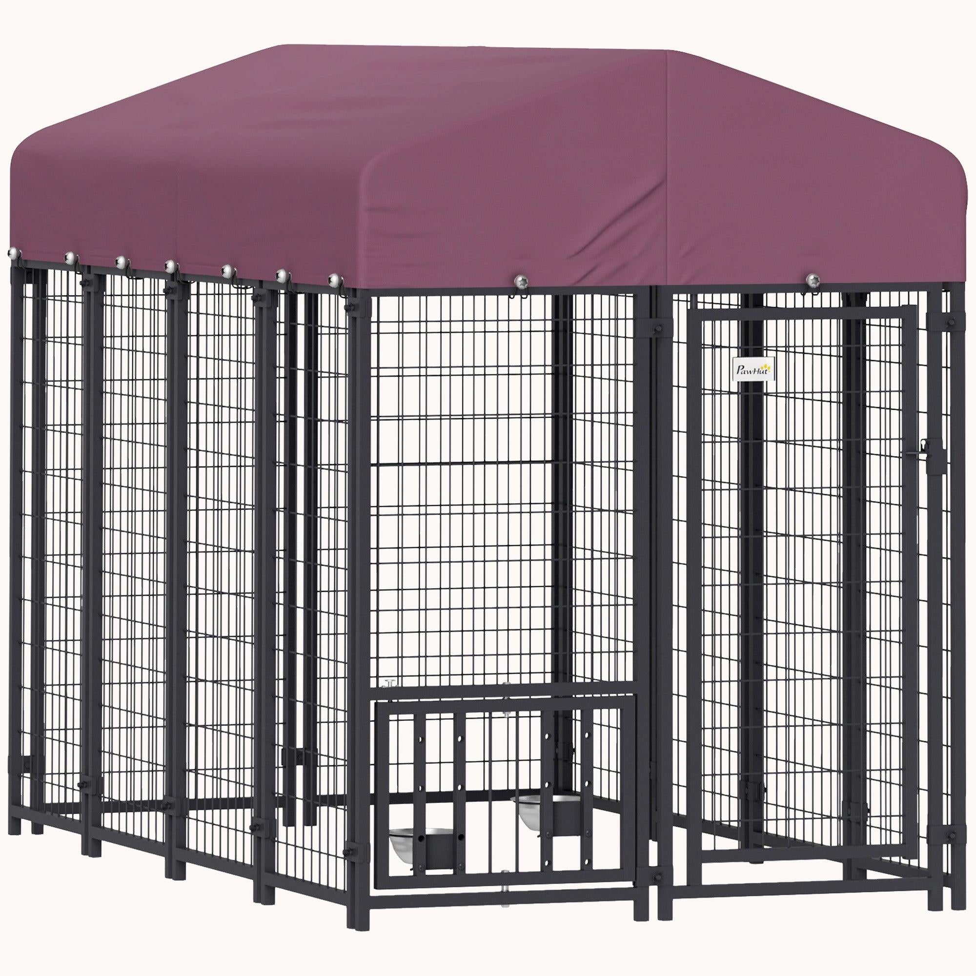 7.9'x4'x6' Welded Wire Dog Kennel with 360?? Rotating Bowls & Waterproof UV-Resistant Cover