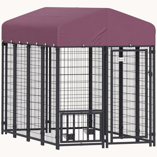 7.9'x4'x6' Welded Wire Dog Kennel with 360?? Rotating Bowls & Waterproof UV-Resistant Cover