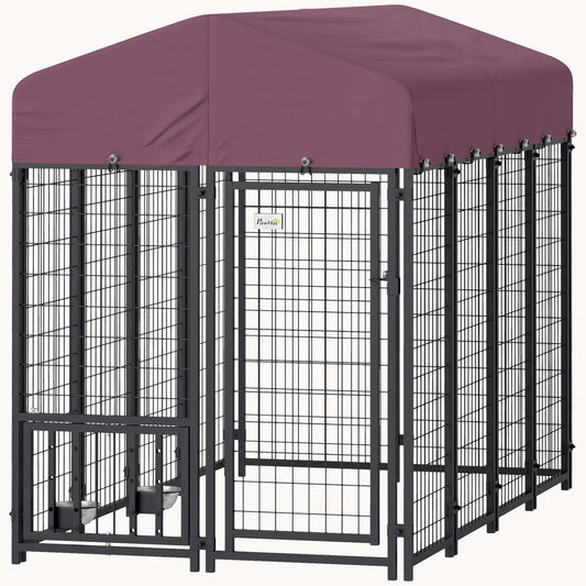 7.9'x4'x6' Welded Wire Dog Kennel with 360?? Rotating Bowls & Waterproof UV-Resistant Cover