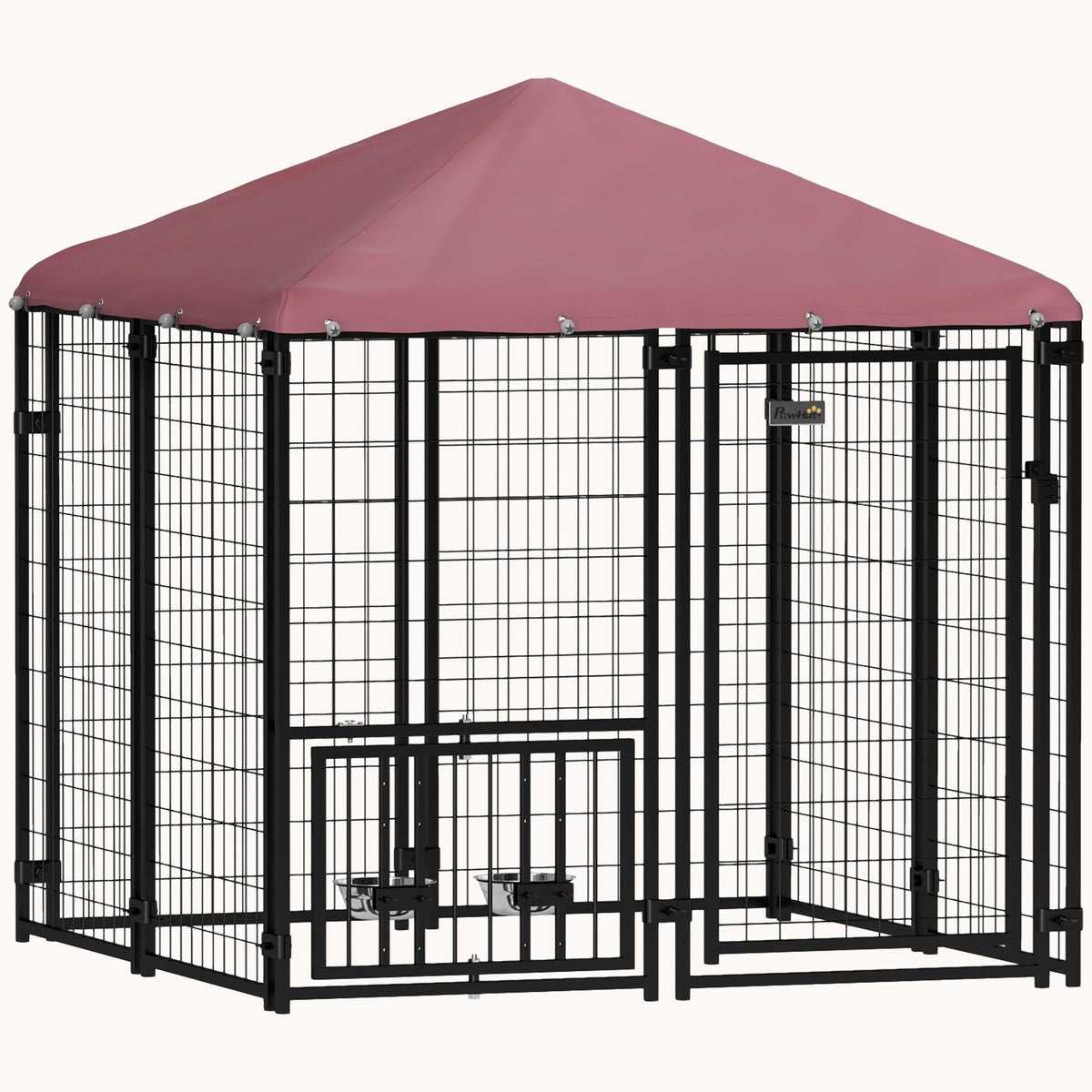 4.6'x4.6'x5' Heavy Duty Welded Wire Dog Kennel with Adjustable Bowls & Waterproof Cover