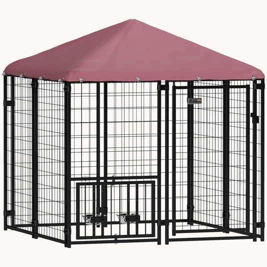 4.6'x4.6'x5' Heavy Duty Welded Wire Dog Kennel with Adjustable Bowls & Waterproof Cover