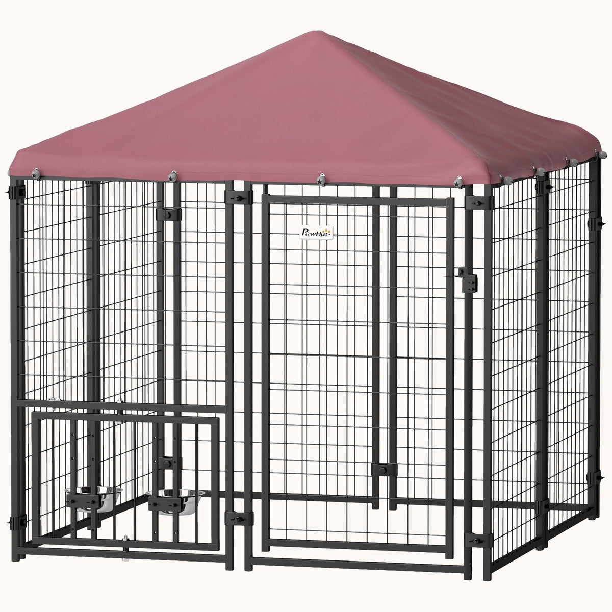 4.6'x4.6'x5' Heavy Duty Welded Wire Dog Kennel with Adjustable Bowls & Waterproof Cover