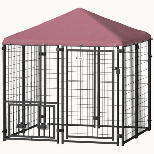 4.6'x4.6'x5' Heavy Duty Welded Wire Dog Kennel with Adjustable Bowls & Waterproof Cover