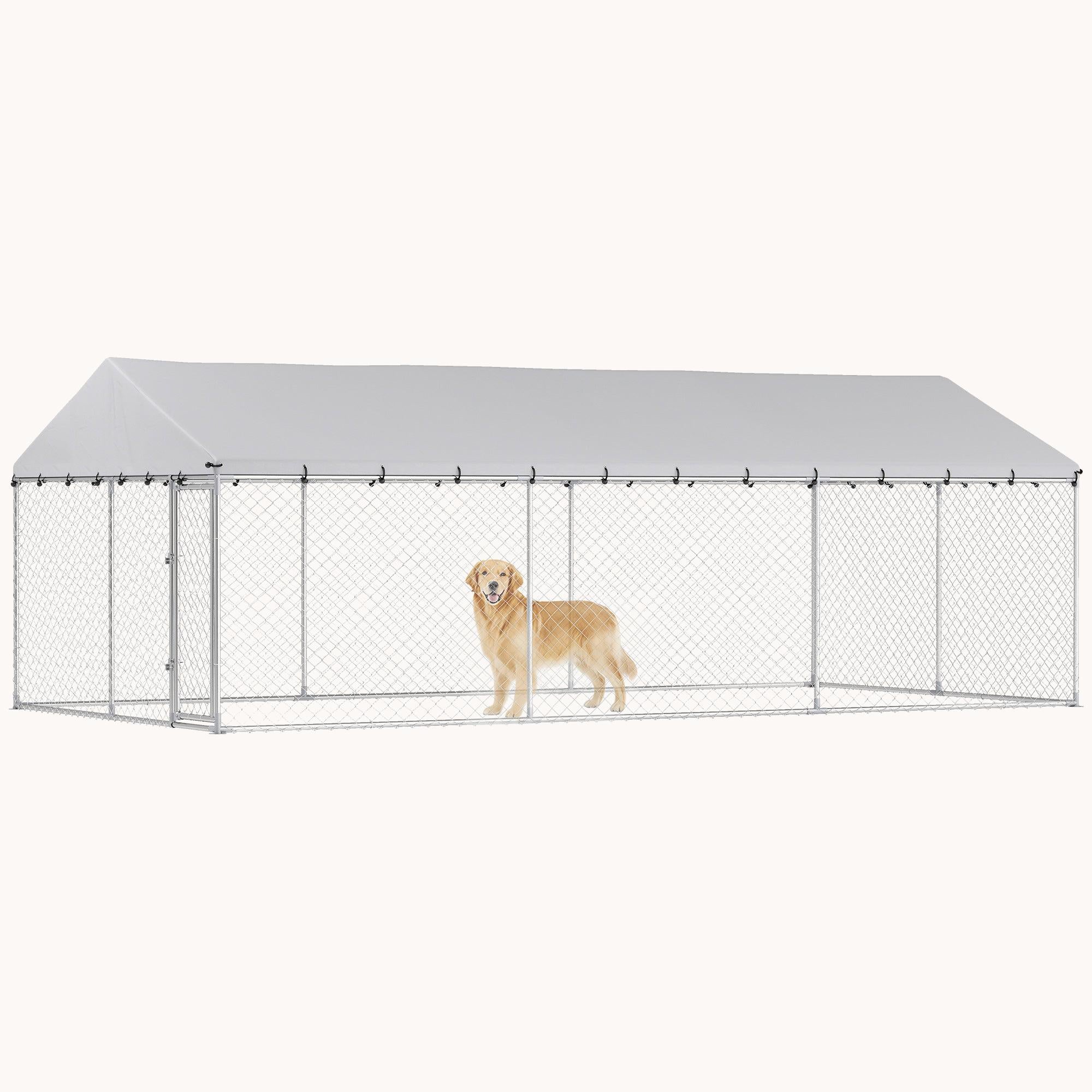 Large Outdoor Dog Kennel with Waterproof Roof, 20' x 10', Silver