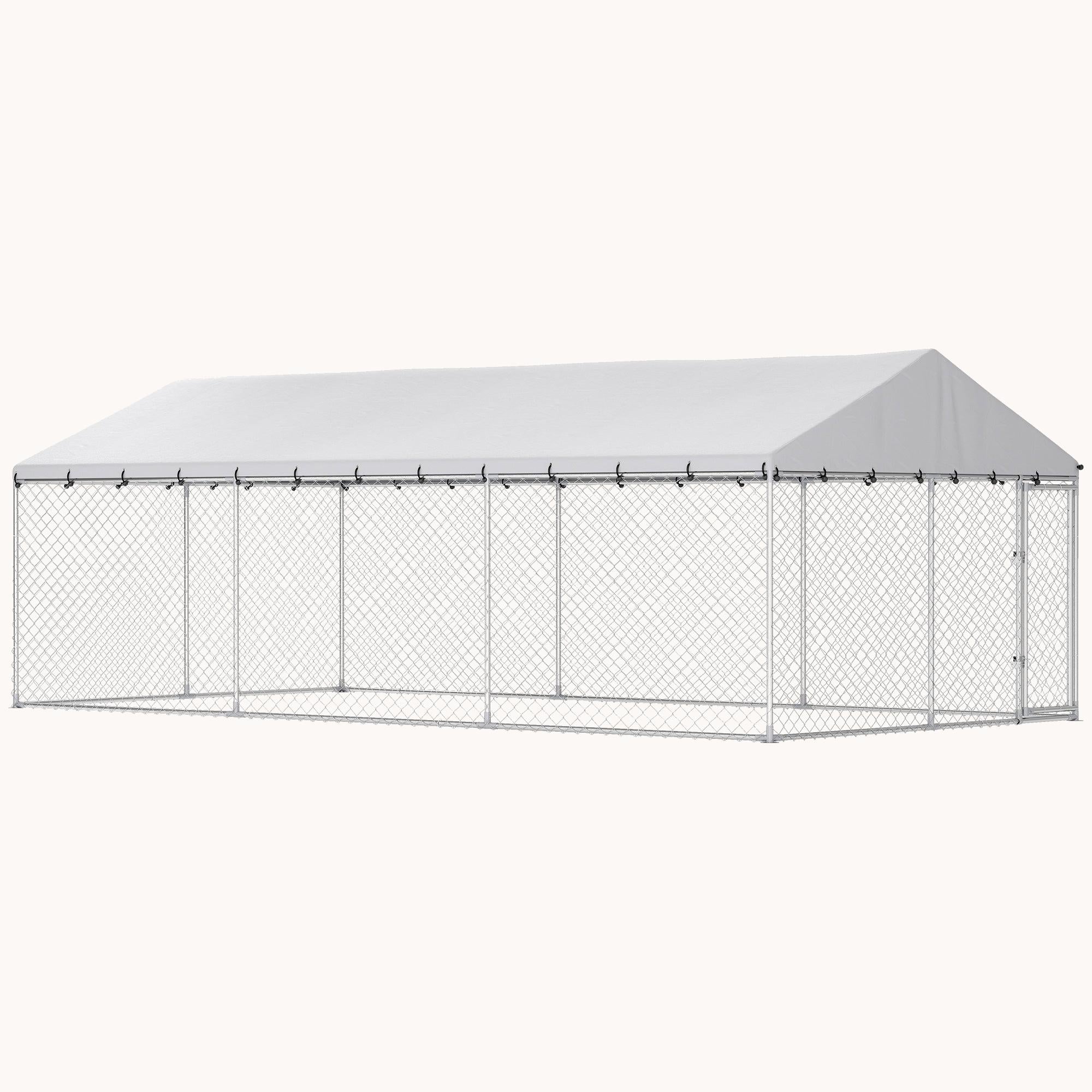 Large Outdoor Dog Kennel with Waterproof Roof, 20' x 10', Silver