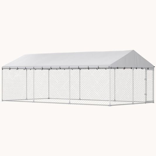 Large Outdoor Dog Kennel with Waterproof Roof, 20' x 10', Silver