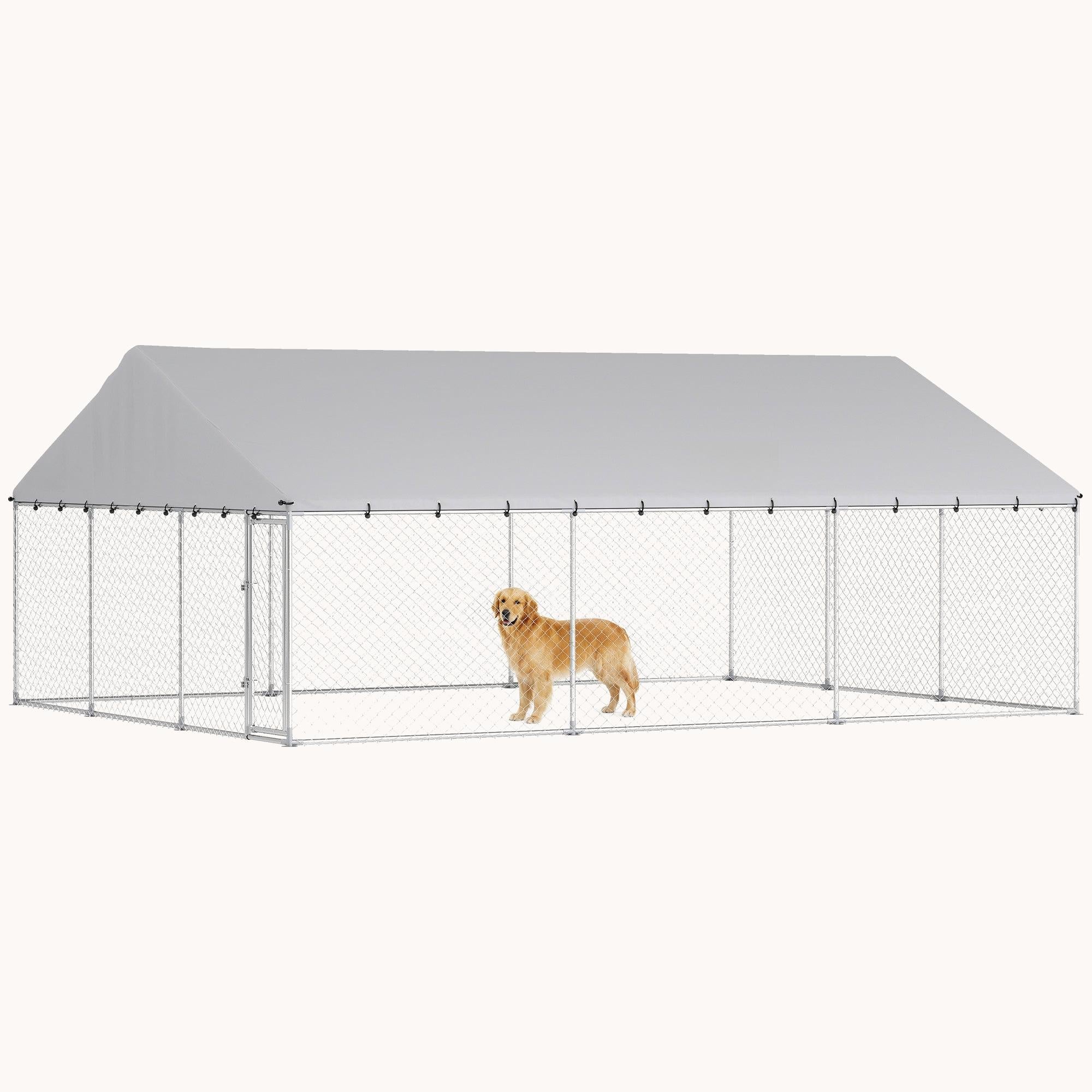 Extra Large Outdoor Dog Kennel with Waterproof Roof, 20' x 15', Silver