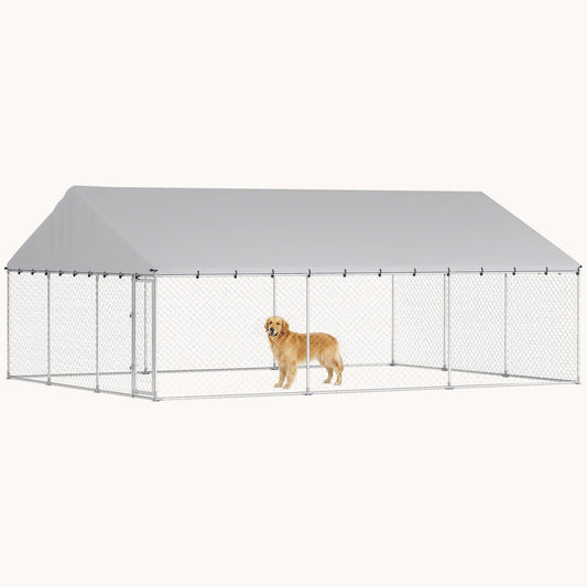 Extra Large Outdoor Dog Kennel with Waterproof Roof, 20' x 15', Silver