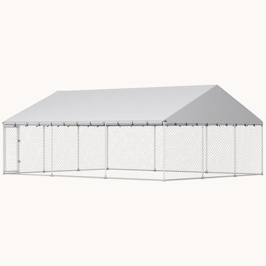 Extra Large Outdoor Dog Kennel with Waterproof Roof, 20' x 15', Silver
