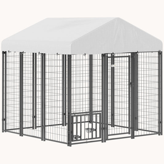 5.9' x 5.9' x 6'  Dog Run with Lock & Adjustable Feeding Bowls
