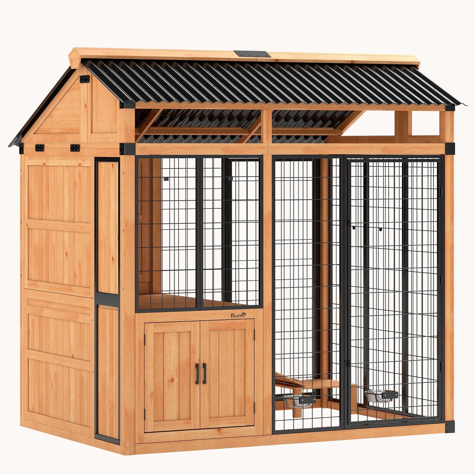 7' x 5' Walk-In Outdoor Dog House with Deck & Storage Yellow