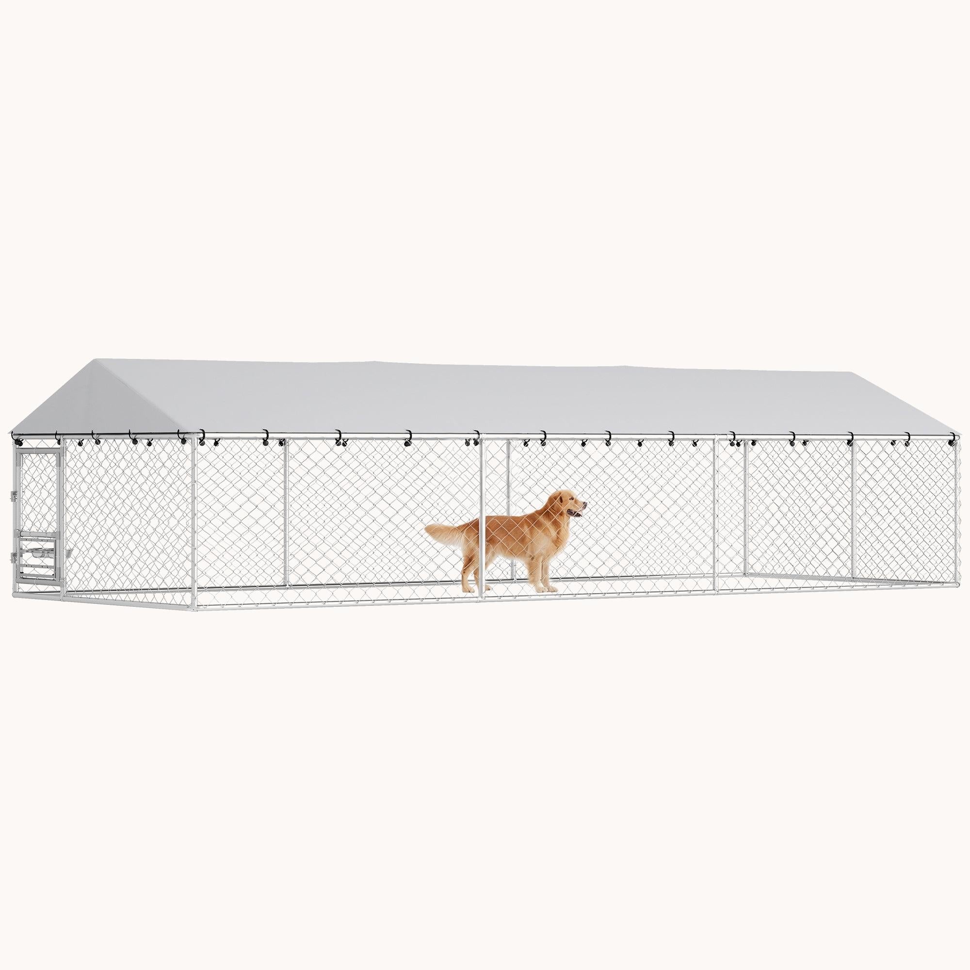 Outdoor Dog Kennel with Roof, Rotating Bowls & Double Locks, Silver