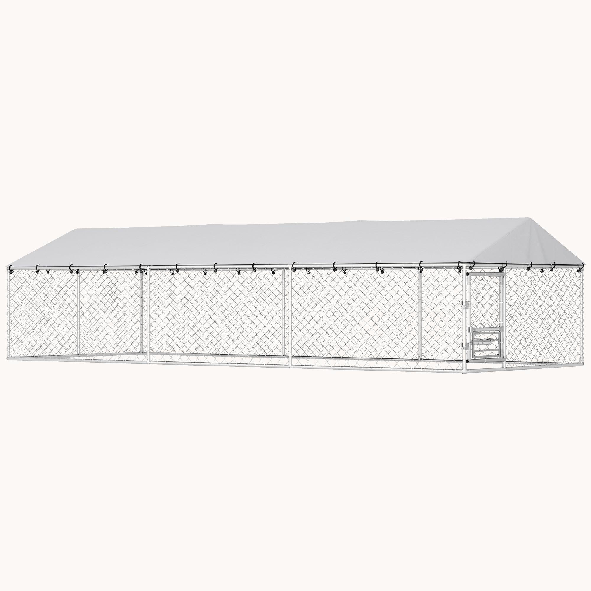 Outdoor Dog Kennel with Roof, Rotating Bowls & Double Locks, Silver