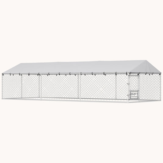 Outdoor Dog Kennel with Roof, Rotating Bowls & Double Locks, Silver