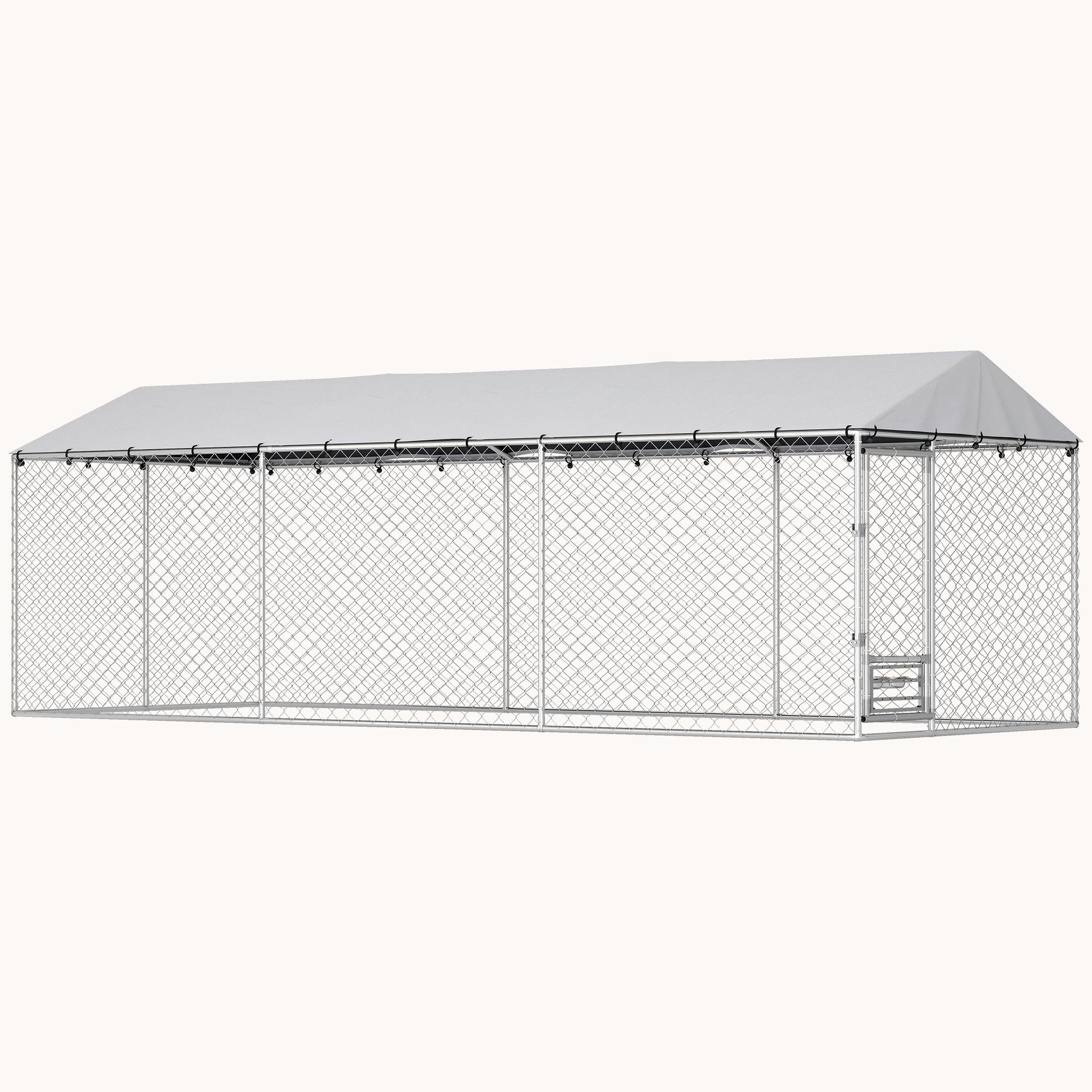 Walk-In Outdoor Dog Kennel with Roof, Bowls & Double Locks, Silver