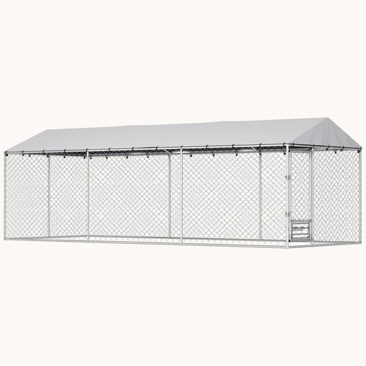 Walk-In Outdoor Dog Kennel with Roof, Bowls & Double Locks, Silver