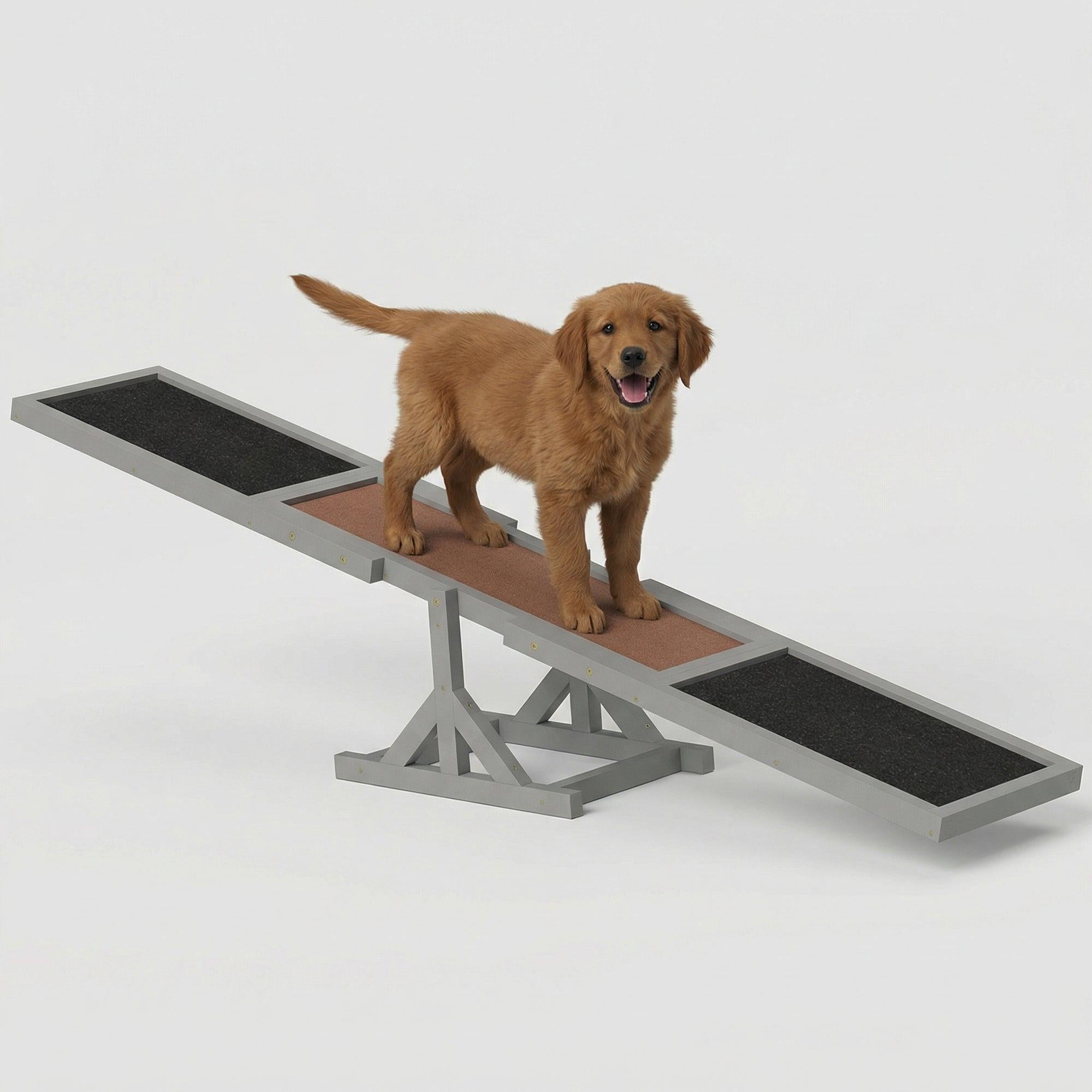 Pupstacle 71” Wooden Dog Agility Seesaw with Anti-Slip Surface Gray