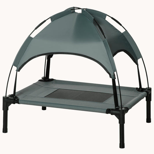 24" Elevated Dog Bed, Outdoor Raised Mesh Pet Cot w/ Removable Canopy, Carrying Bag, Gray