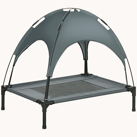 30" Elevated Dog Bed, Outdoor Raised Mesh Pet Cot w/ Removable Canopy, Carrying Bag, Gray
