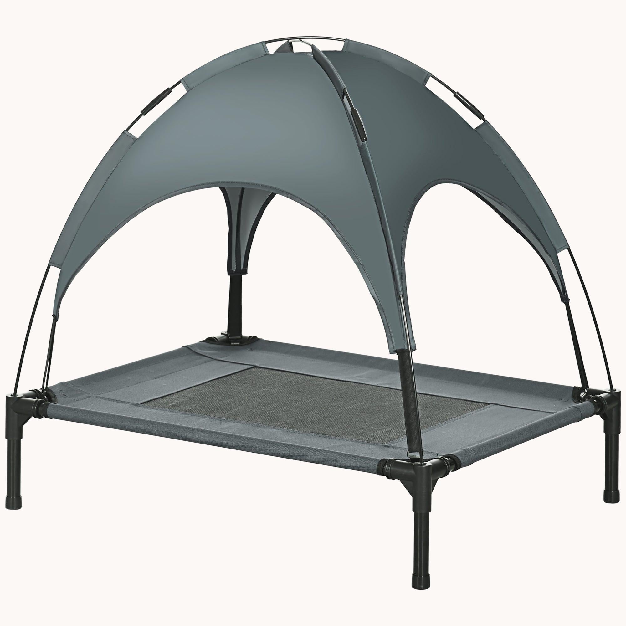 30" Elevated Dog Bed, Outdoor Raised Mesh Pet Cot w/ Removable Canopy, Carrying Bag, Gray