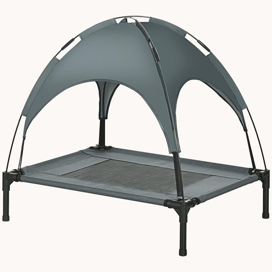 30" Elevated Dog Bed, Outdoor Raised Mesh Pet Cot w/ Removable Canopy, Carrying Bag, Gray