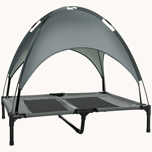 36" Elevated Dog Bed, Outdoor Raised Mesh Pet Cot w/ Removable Canopy, Carrying Bag, Gray