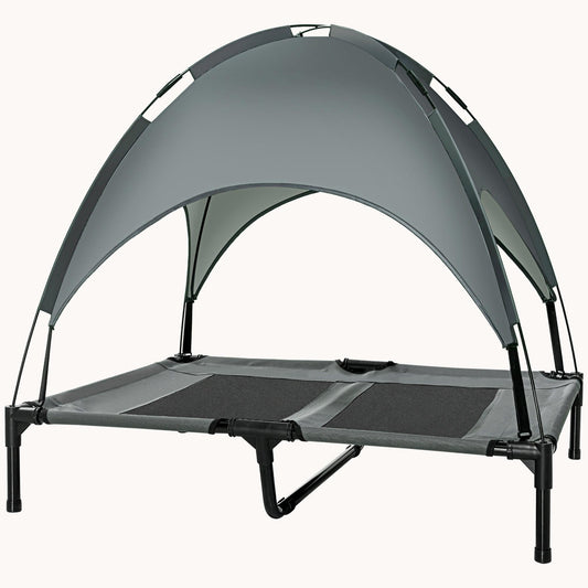 36" Elevated Dog Bed, Outdoor Raised Mesh Pet Cot w/ Removable Canopy, Carrying Bag, Gray