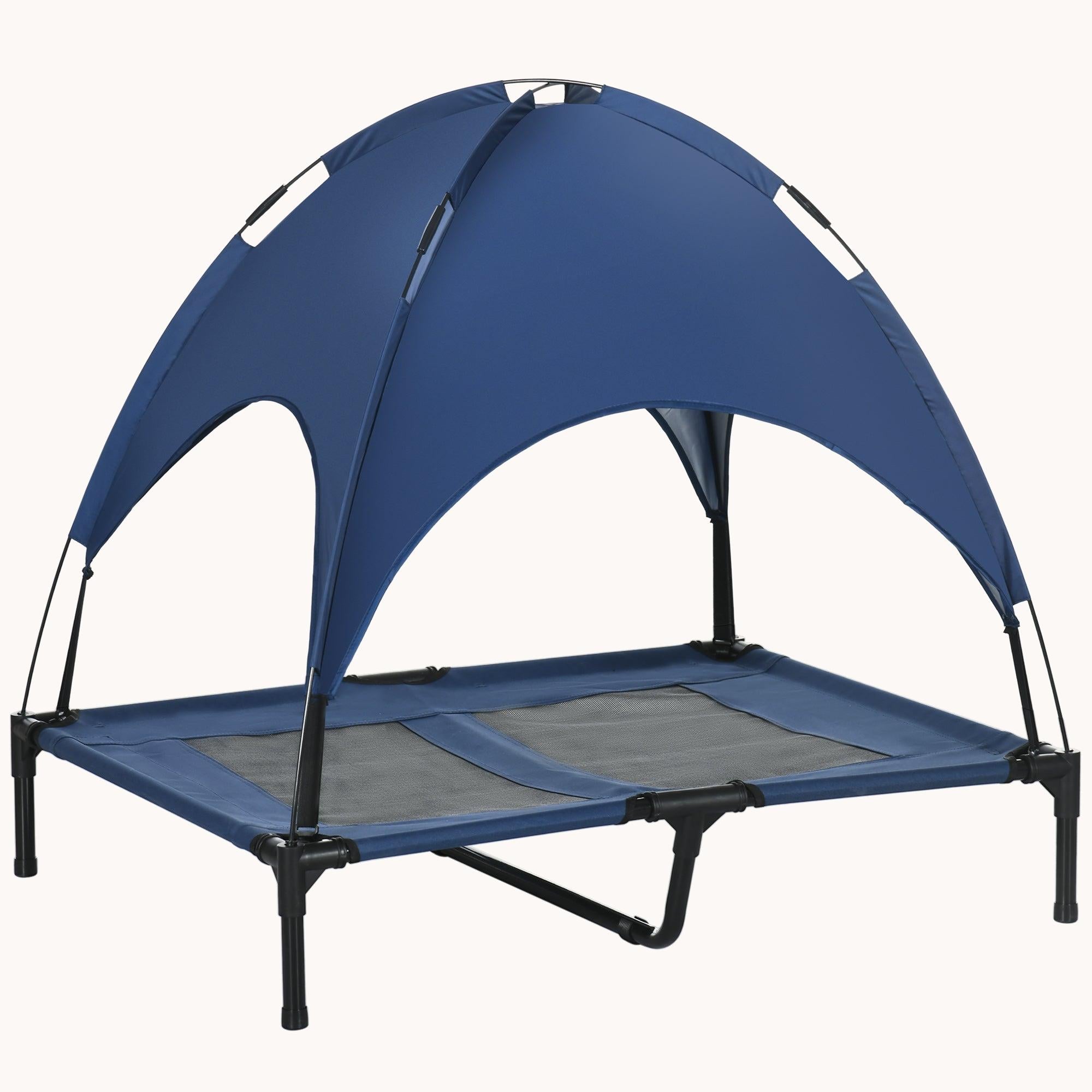 36" Elevated Dog Bed, Outdoor Raised Mesh Pet Cot w/ Removable Canopy, Carrying Bag, Blue