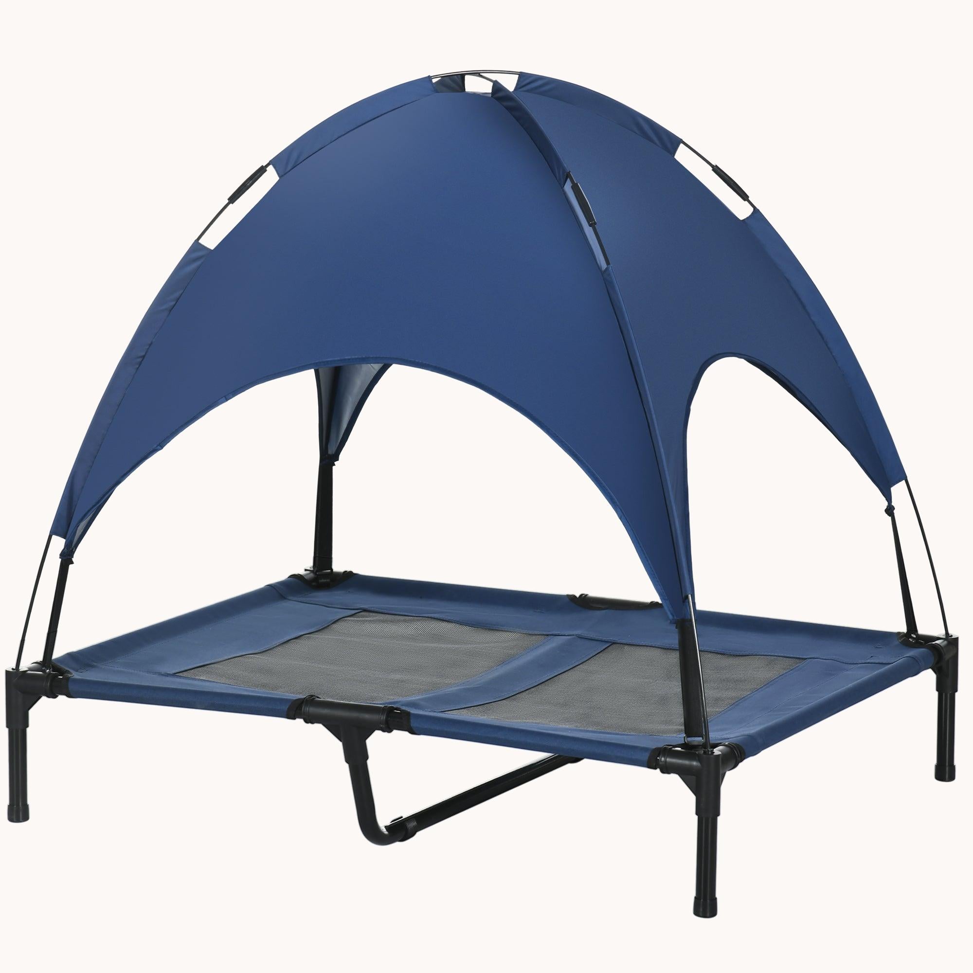 36" Elevated Dog Bed, Outdoor Raised Mesh Pet Cot w/ Removable Canopy, Carrying Bag, Blue