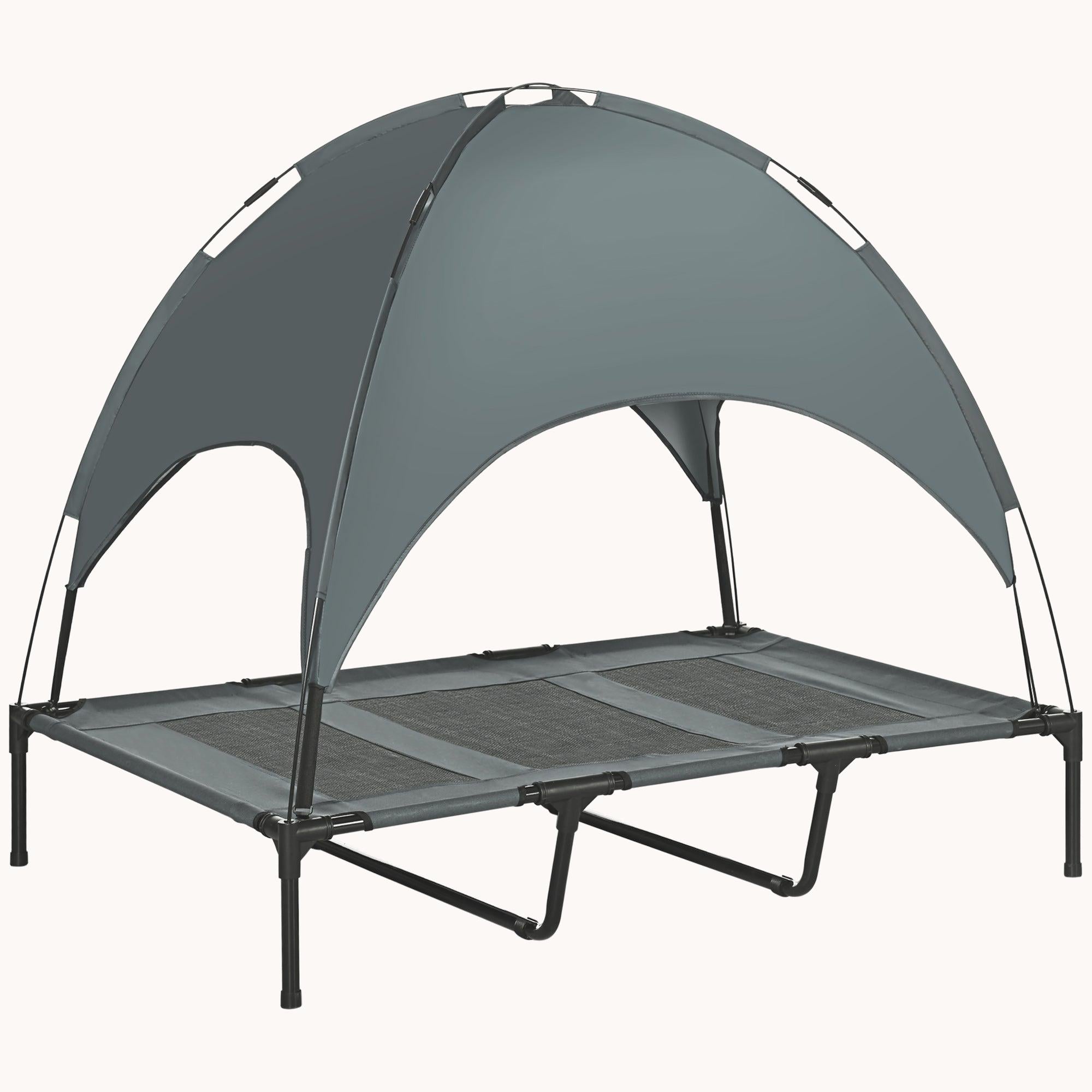 48" Elevated Dog Bed, Outdoor Raised Mesh Pet Cot w/ Removable Canopy, Carrying Bag, Gray