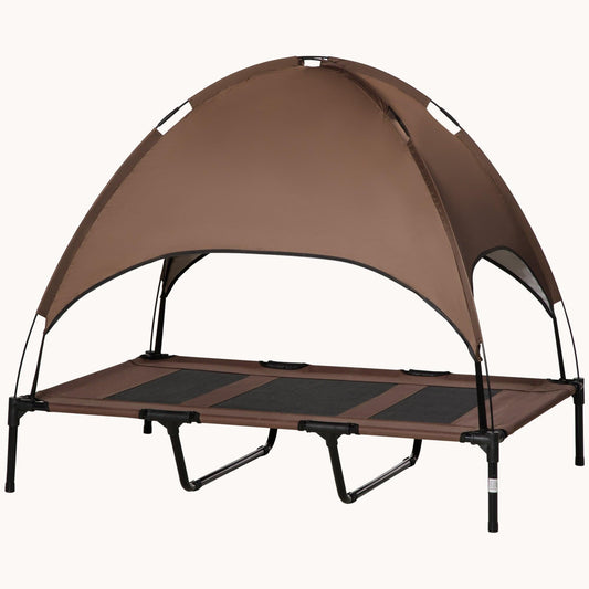 48" Elevated Dog Bed, Outdoor Raised Mesh Pet Cot w/ Removable Canopy, Carrying Bag, Coffee