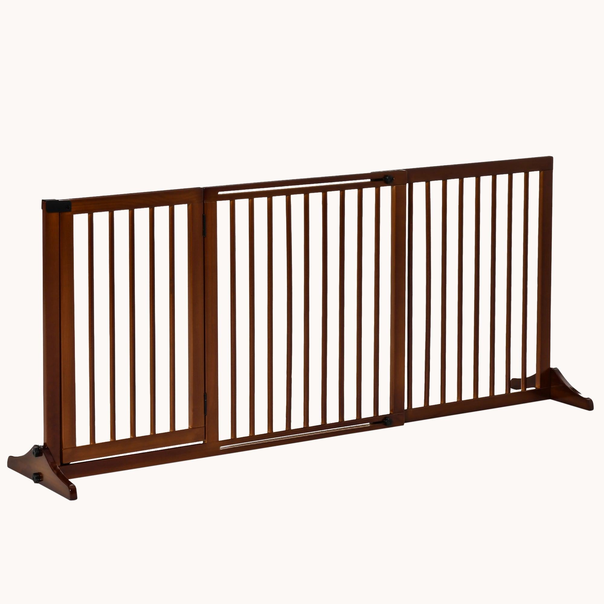 3-Panel Adjustable Wooden Pet Gate with Lockable Door, Brown, 44.5"-65.25" L x14.25" H