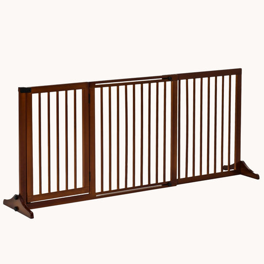 3-Panel Adjustable Wooden Pet Gate with Lockable Door, Brown, 44.5"-65.25" L x14.25" H