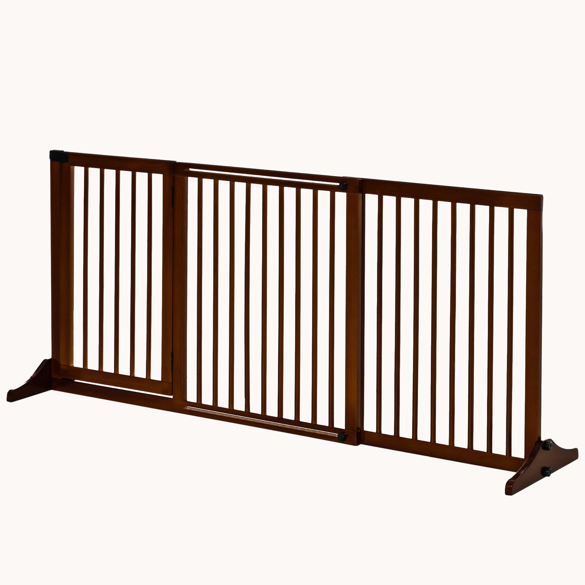 3-Panel Adjustable Wooden Pet Gate with Lockable Door, Brown, 44.5"-65.25" L x14.25" H