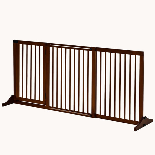 3-Panel Adjustable Wooden Pet Gate with Lockable Door, Brown, 44.5"-65.25" L x14.25" H