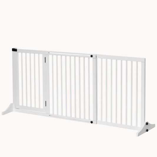 3-Panel Adjustable Wooden Pet Gate with Lockable Door, White, 44.5"-65.25" L x14.25" H