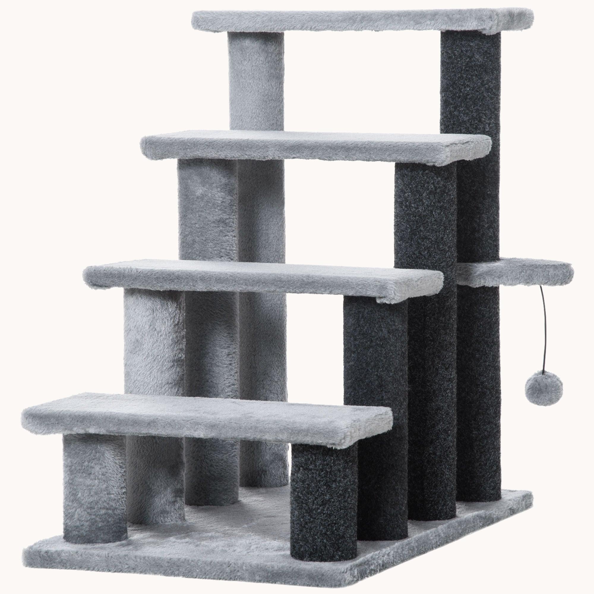 4-Step Cat Tree Tower, 2-in-1 Cat Stairs with Scratching Posts & Hanging Toy Ball, Light Gray