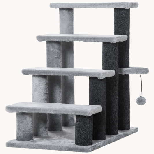 4-Step Cat Tree Tower, 2-in-1 Cat Stairs with Scratching Posts & Hanging Toy Ball, Light Gray