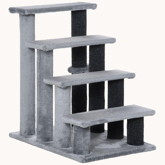 4-Step Cat Tree Tower, 2-in-1 Cat Stairs with Scratching Posts & Hanging Toy Ball, Light Gray