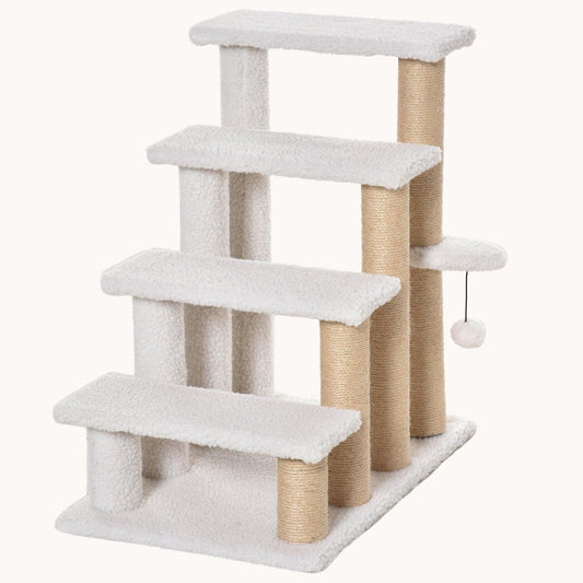 4-Level Carpeted Cat Steps with Scratching Posts & Side Ledge for High Bed, Sofa, White