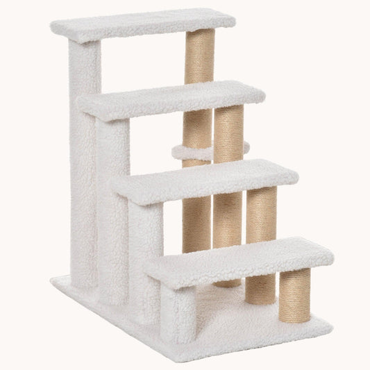 4-Level Carpeted Cat Steps with Scratching Posts & Side Ledge for High Bed, Sofa, White