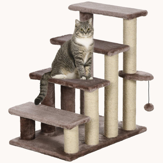 4-Level Carpeted Cat Steps with Scratching Posts & Side Ledge for High Bed, Sofa, Brown