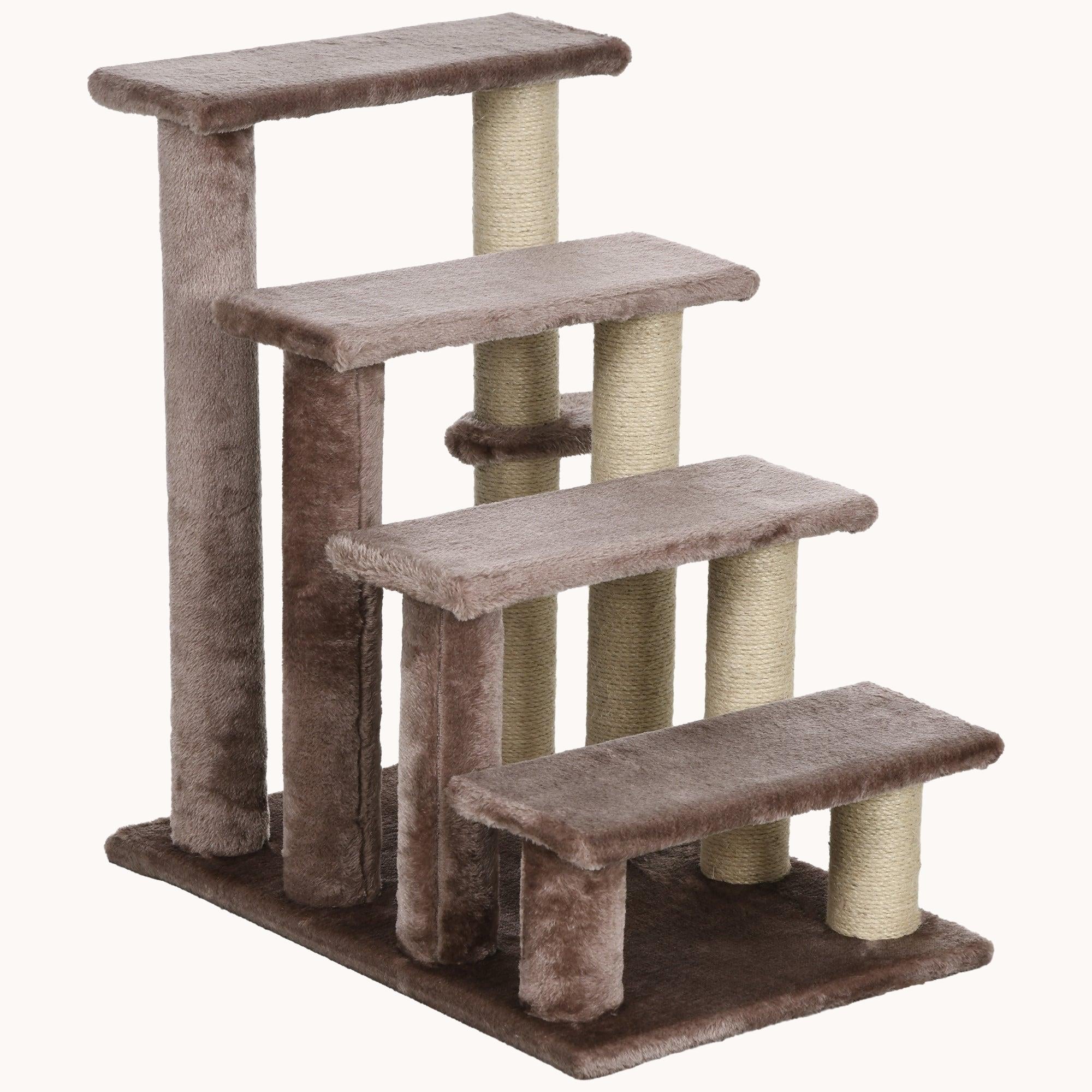 4-Level Carpeted Cat Steps with Scratching Posts & Side Ledge for High Bed, Sofa, Brown