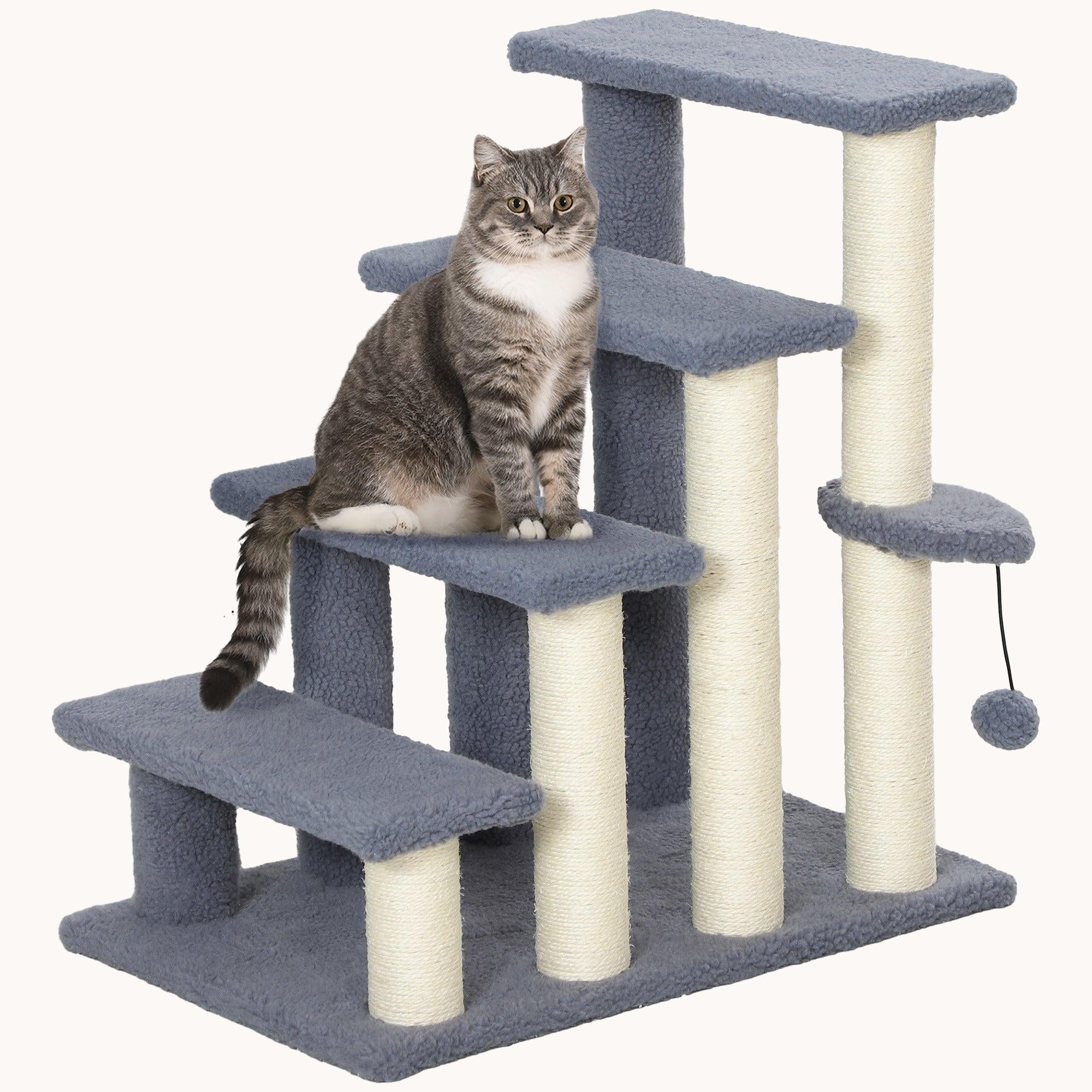 4-Level Carpeted Cat Steps with Scratching Posts & Side Ledge for High Bed, Sofa, Gray