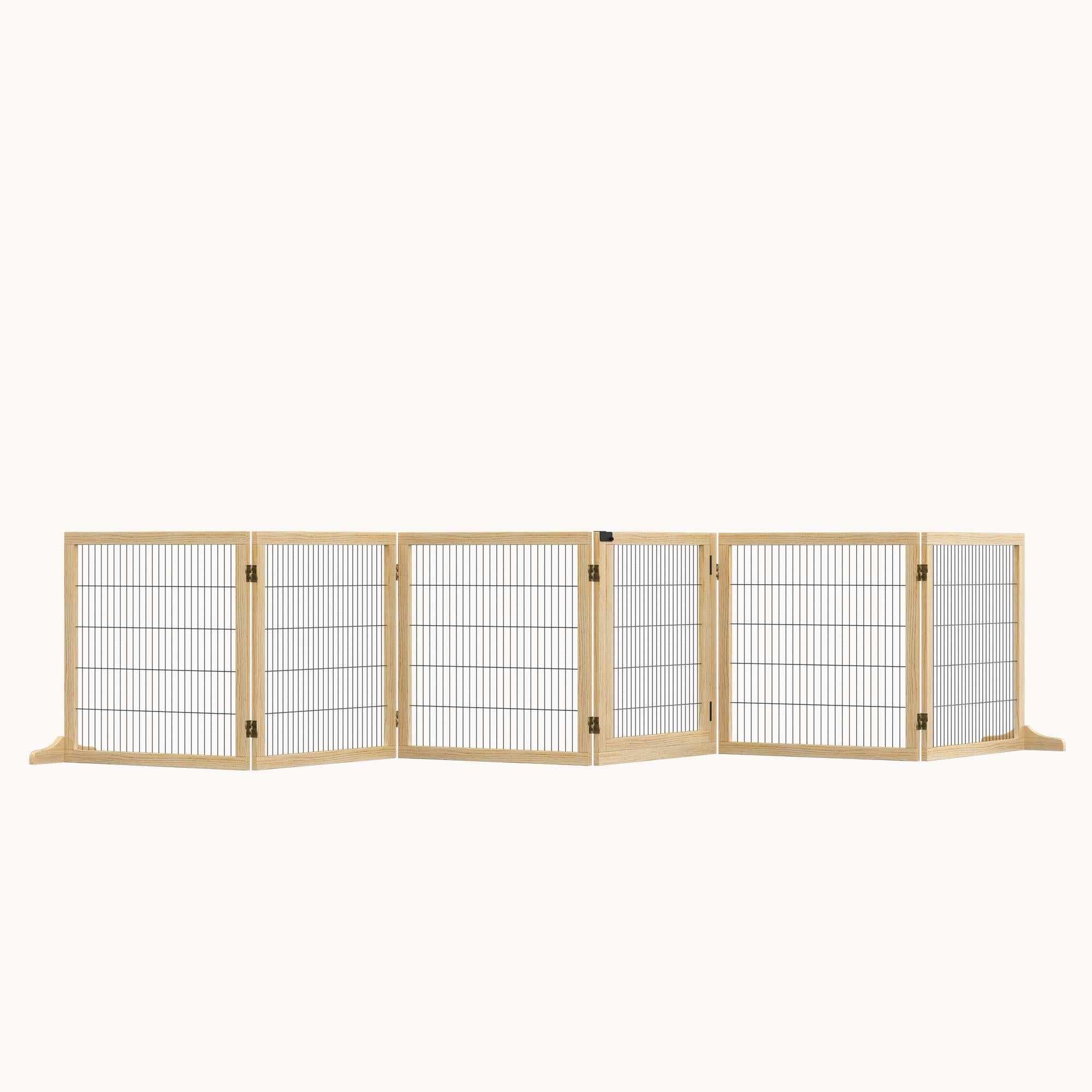 6-Panel Foldable Wooden Dog Gate, 170" Freestanding Pet Gate with Support Feet, Natural Wood