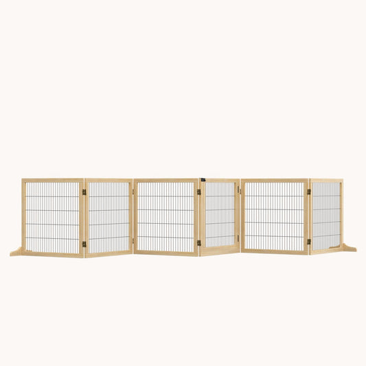 6-Panel Foldable Wooden Dog Gate, 170" Freestanding Pet Gate with Support Feet, Natural Wood